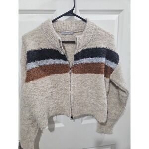 Muura Wool Blend Cropped Zip Up Sweater Beige Striped Bouclé Knit Cardigan Med